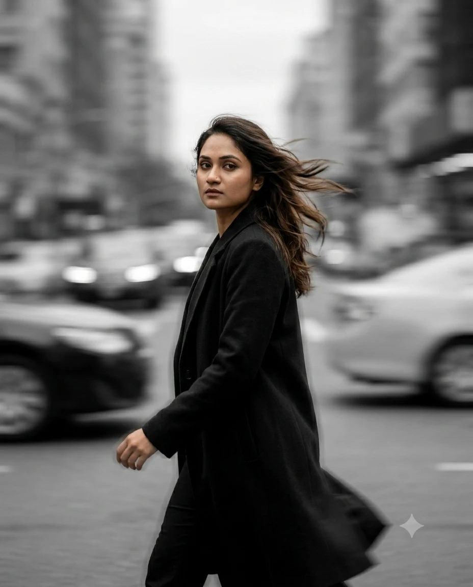 Panning Motion Blur Urban Portrait Gemini Prompt | AIBananaPrompts